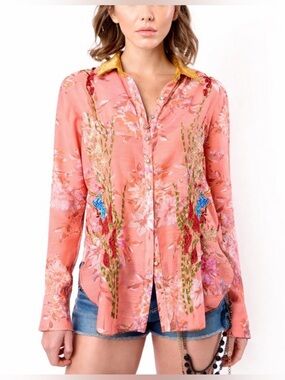 Aratta Gardenia Embroidered Blouse Velvet Collar Pink Medium NWT